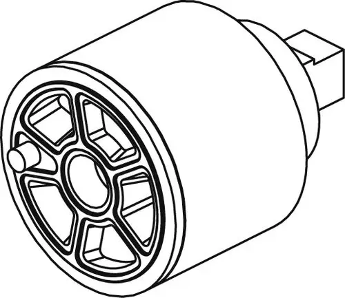 3-Wege-Kartusche von Ideal Standard, gezeichnet in technischer Ansicht, mit Rundkörper und speichenförmigem Design, teilweise sichtbar verbautes Anschlussstück.
